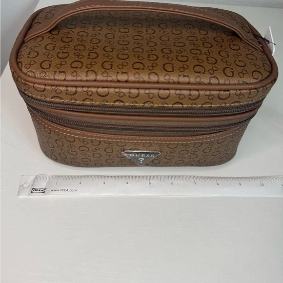 Guess Travel Cosmetic Bag Brown Logo 2 Tier Makeup Case Double Layer Organizer - Picture 6 of 8
